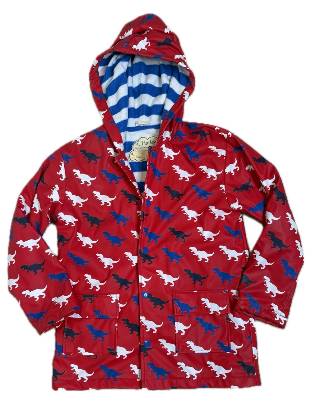 Hatley T-Rex Dinosaur Print Red Hooded Rain Jacket Kids Size 8 Terry Cloth Lined
